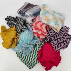 Lot of 9 Infinity Scarves Mixed Prints,‎ Solid Zigzag, Floral Silk/Cotton Blend